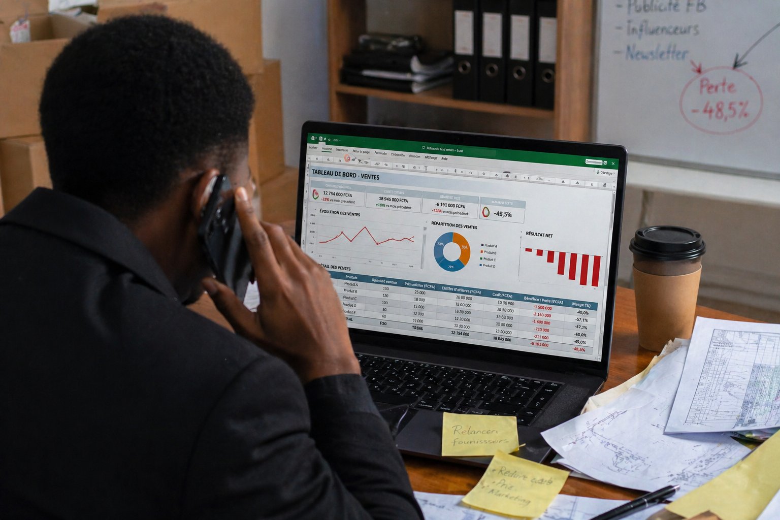 Vendeur e-commerce utilisant WhatsApp et un tableau Excel pour suivre ses ventes